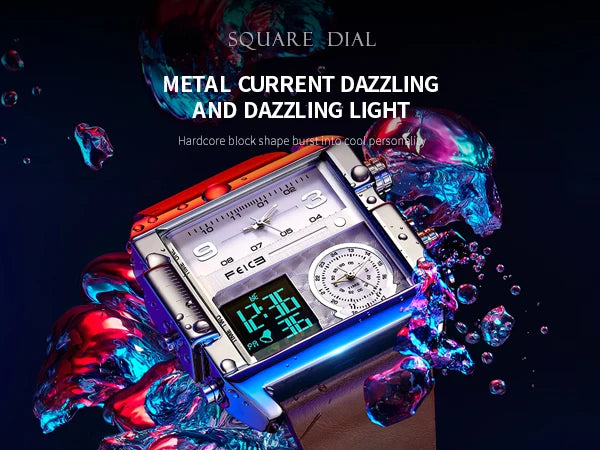 Statement Piece! FEICE FK030 Men's Big Square Dial Watch – Digital LED & Analog Display, Waterproof, Unique Leather Band