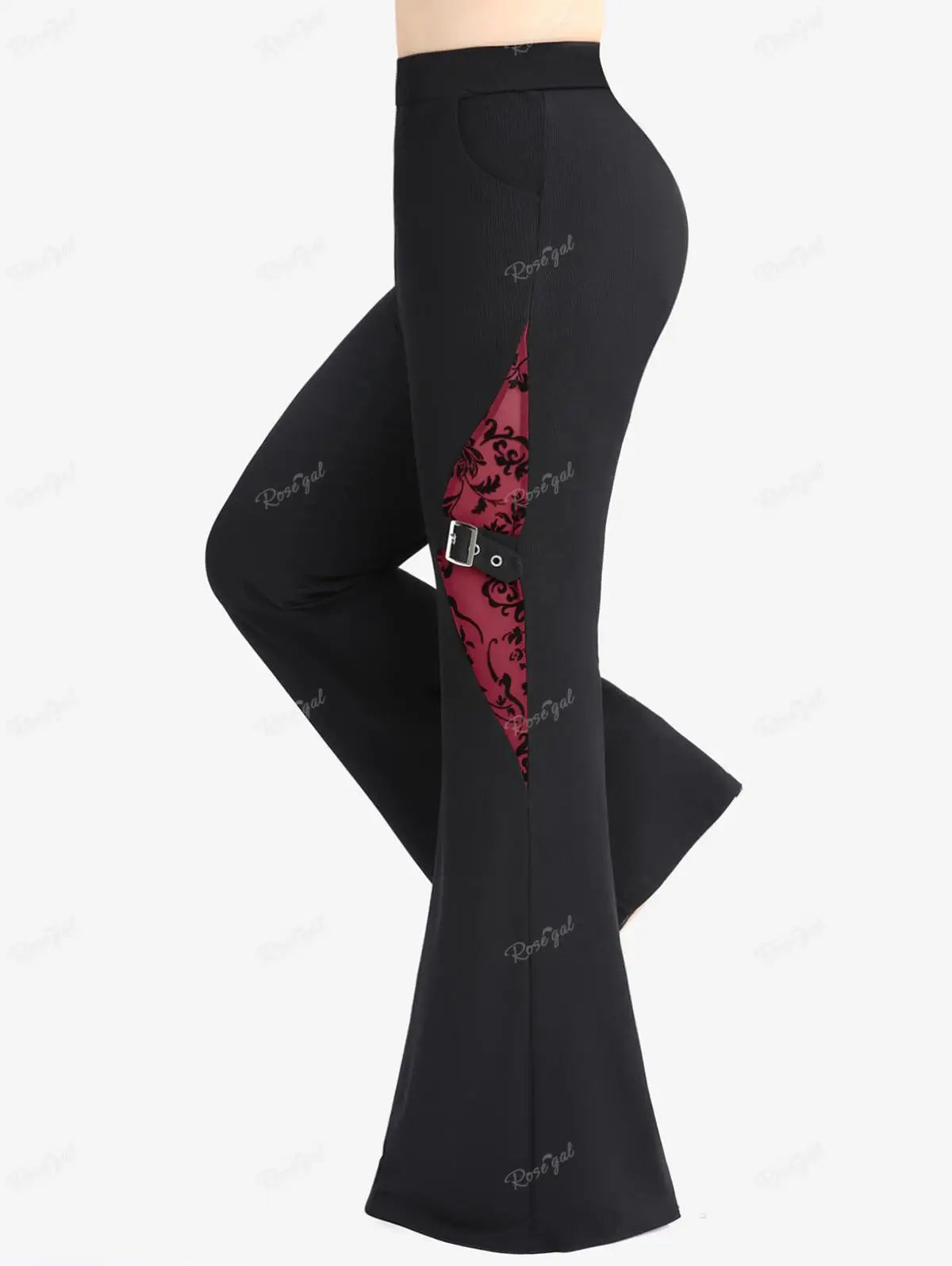 ROSEGAL Plus Size Women’s High-Stretch Casual Flare Pants with Floral Mesh Flocking and Buckle Grommet Details