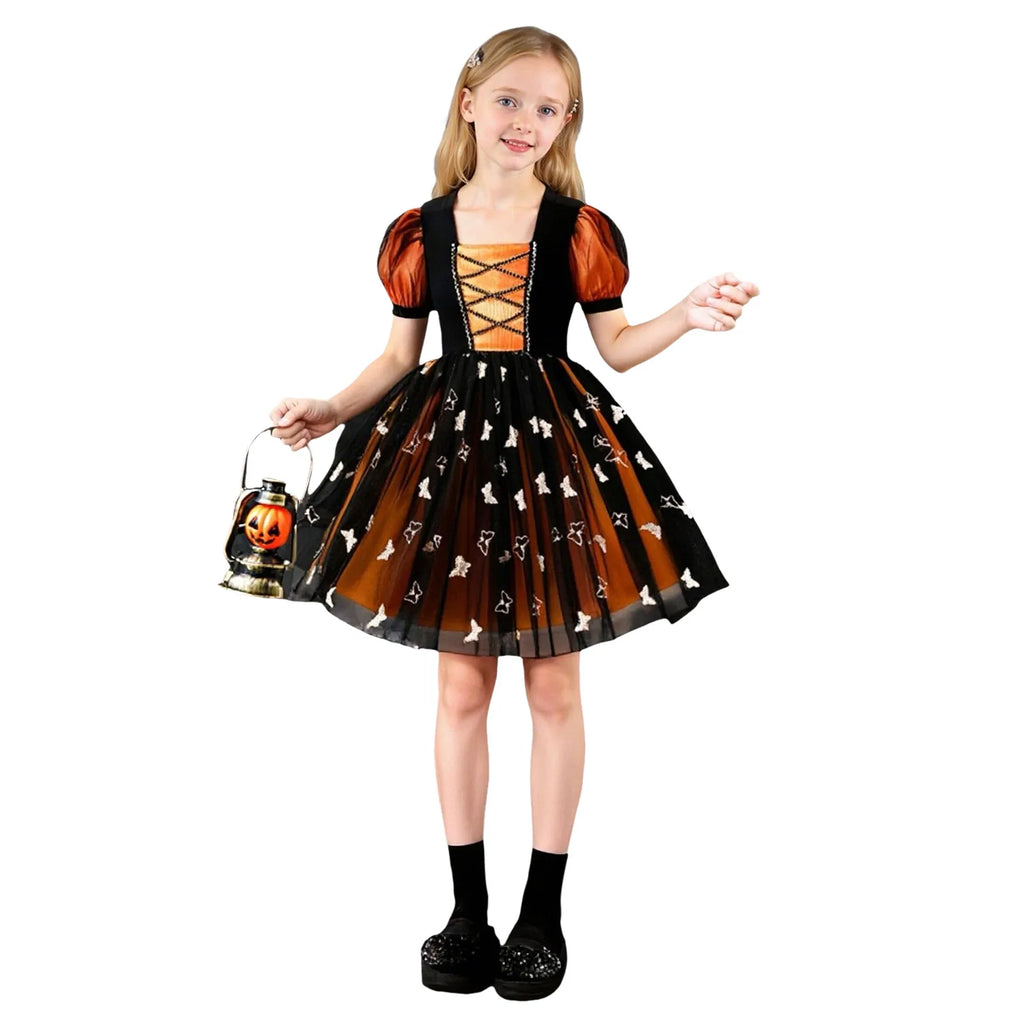 Festival Fun! Girls' Vintage Printed Ball Gown – Bubble Sleeve, Mesh Design, Perfect for Halloween & Cosplay Performance