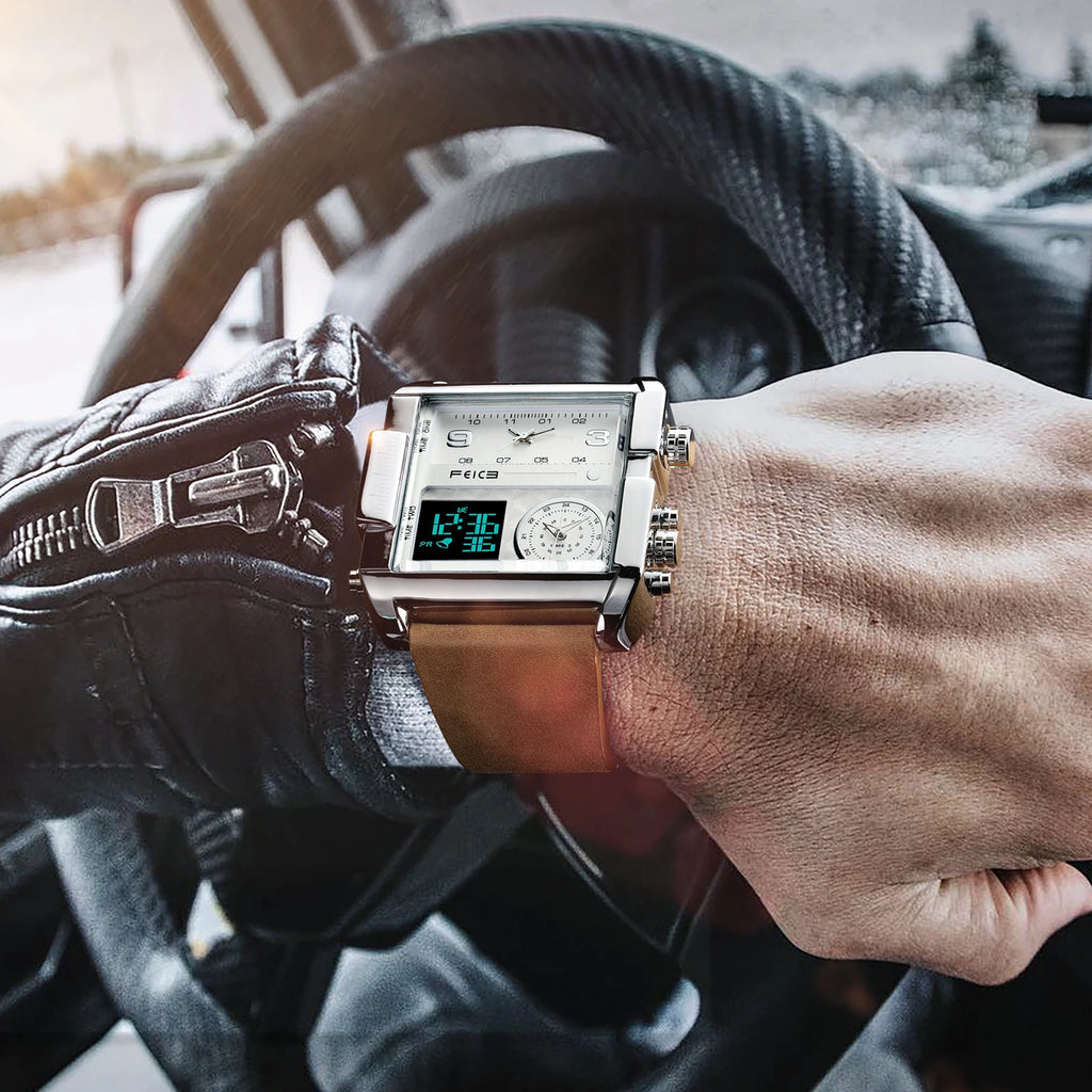 Statement Piece! FEICE FK030 Men's Big Square Dial Watch – Digital LED & Analog Display, Waterproof, Unique Leather Band