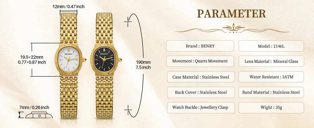 Slim Elegance! BERNY Oval Gold Quartz Ladies Watch – Swiss Movement, Ultra-Thin Case, Stainless Steel Bracelet, 30M Waterproof