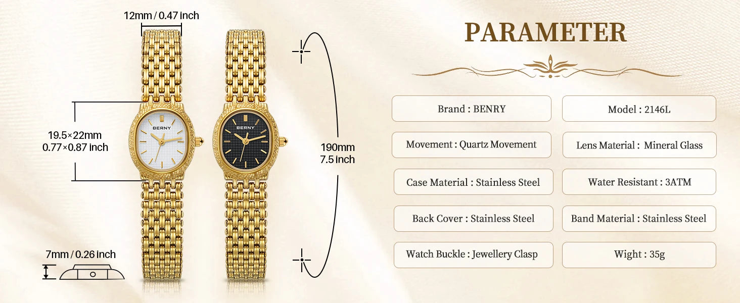 Slim Elegance! BERNY Oval Gold Quartz Ladies Watch – Swiss Movement, Ultra-Thin Case, Stainless Steel Bracelet, 30M Waterproof