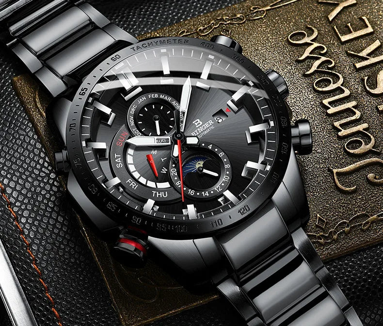 Genuine Luxury! BINGER Swiss Brand Automatic Mechanical Watch – Moon Phase, Luminous, Sapphire Crystal, 50M Waterproof