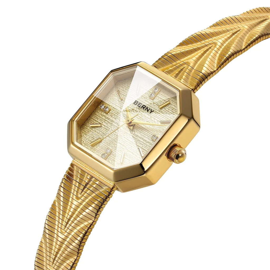 Luxury Small Watch! BERNY Gold Tone Octagonal Quartz Ladies Watch – Grit Dial, Stainless Steel, IP Gold Plated, Waterproof