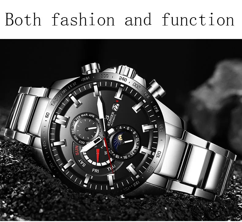 Genuine Luxury! BINGER Swiss Brand Automatic Mechanical Watch – Moon Phase, Luminous, Sapphire Crystal, 50M Waterproof