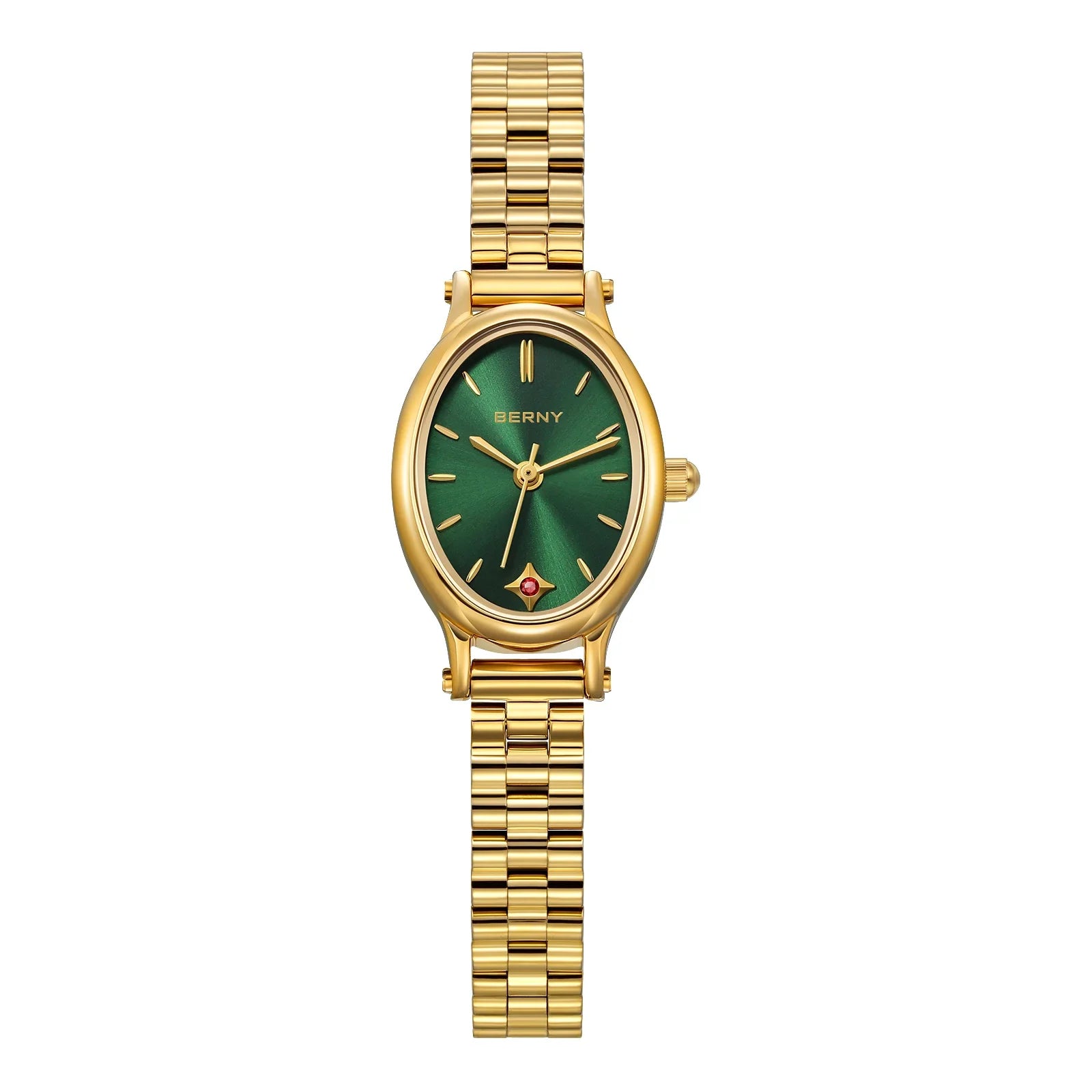 Jewelry Elegance! BERNY Gold Oval Quartz Watch for Women – Ruby Dotted Dial, Ultra-Thin, Butterfly Clasp, 30M Waterproof