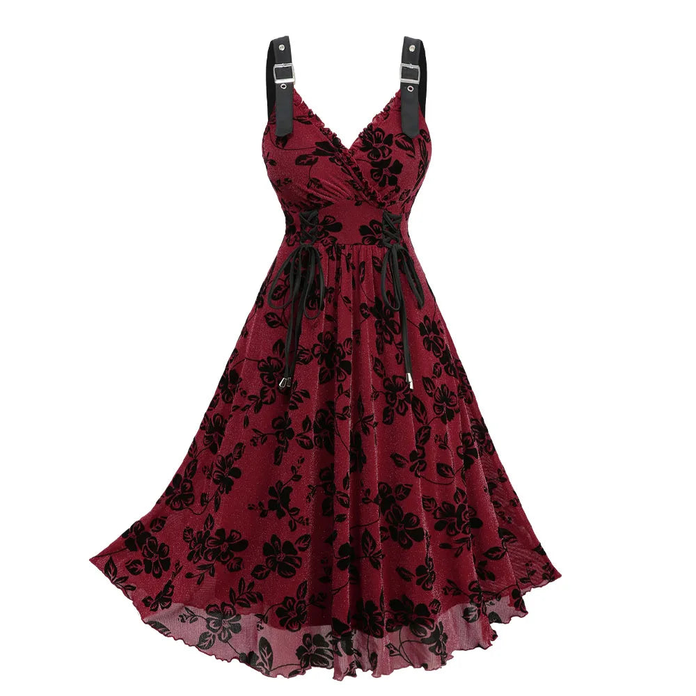 ROSEGAL Plus Size Women's Evening Gown Deep Red Dresses Floral Leaves Flocking Lace Up Surplice A Line Party Maxi Dress