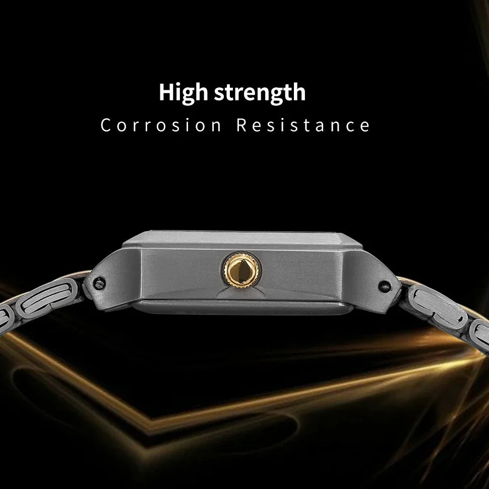 Ultralight Luxury! BERNY Square Titanium Quartz Watch for Women – Gold Tone, Calendar Display, 30M Waterproof