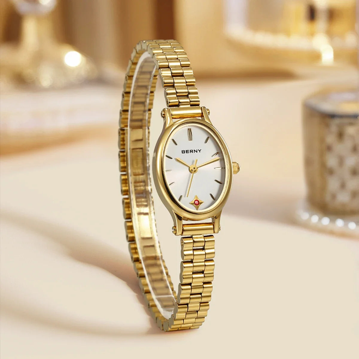 Jewelry Elegance! BERNY Gold Oval Quartz Watch for Women – Ruby Dotted Dial, Ultra-Thin, Butterfly Clasp, 30M Waterproof