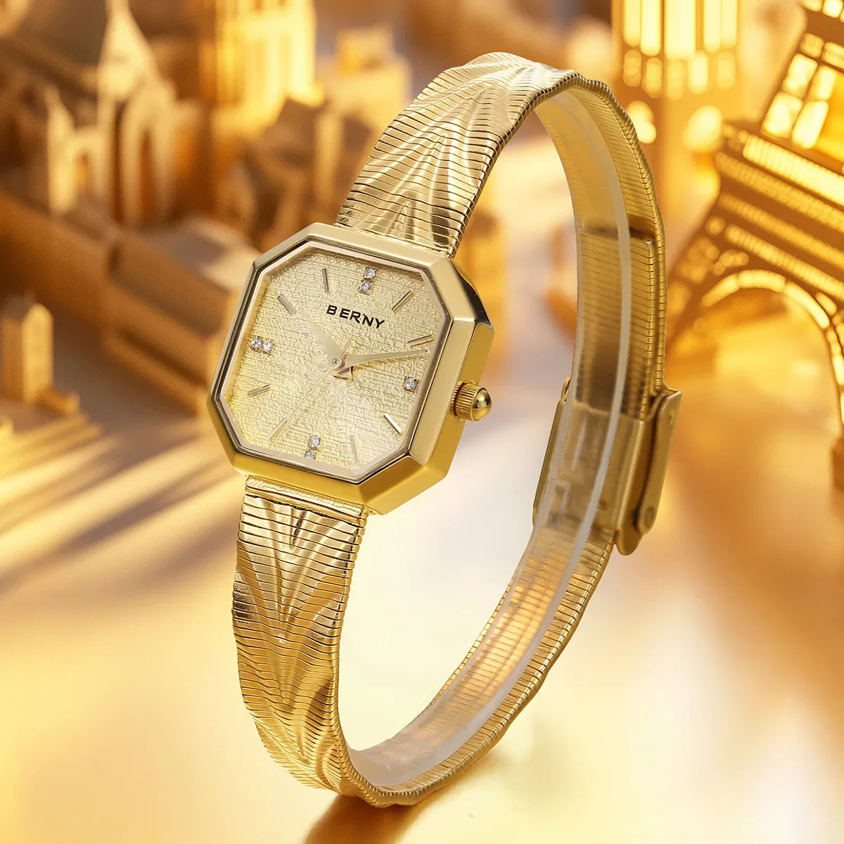 Luxury Small Watch! BERNY Gold Tone Octagonal Quartz Ladies Watch – Grit Dial, Stainless Steel, IP Gold Plated, Waterproof