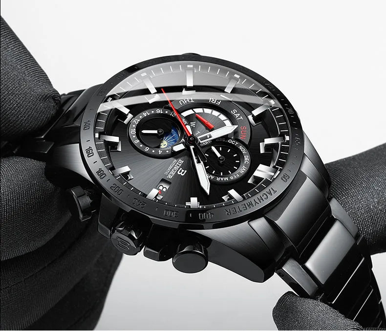 Genuine Luxury! BINGER Swiss Brand Automatic Mechanical Watch – Moon Phase, Luminous, Sapphire Crystal, 50M Waterproof