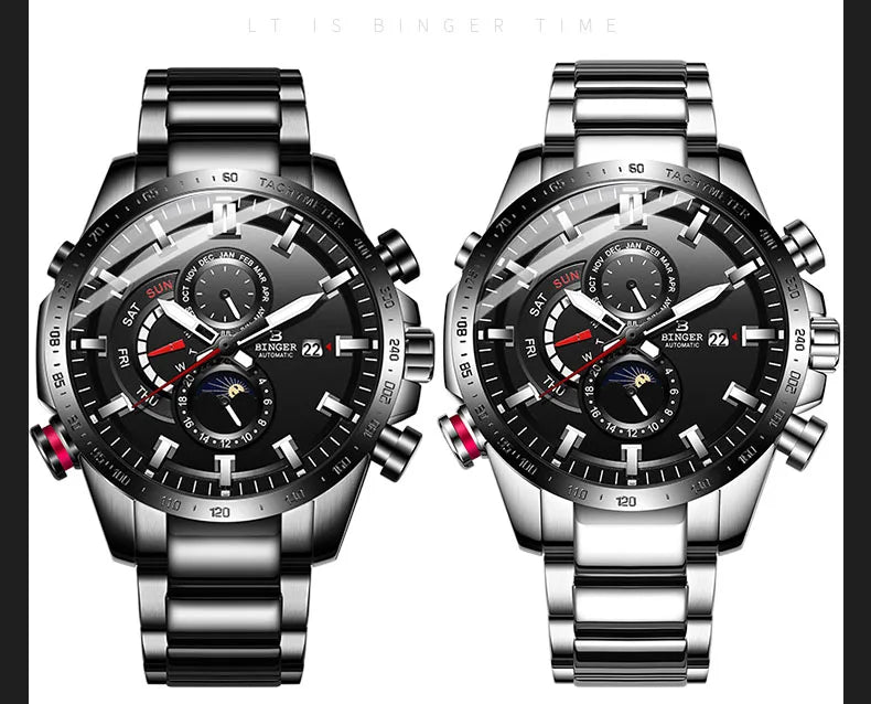 Genuine Luxury! BINGER Swiss Brand Automatic Mechanical Watch – Moon Phase, Luminous, Sapphire Crystal, 50M Waterproof