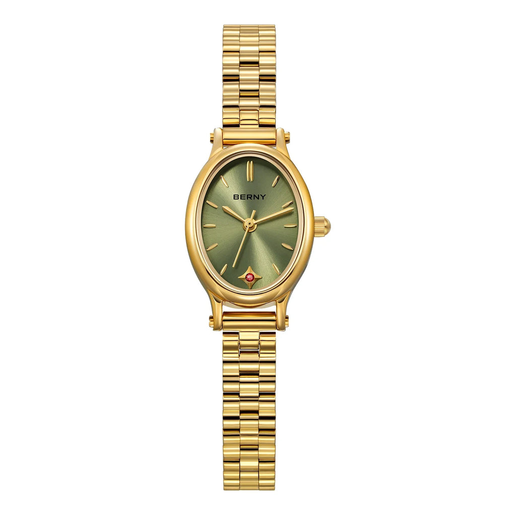 Jewelry Elegance! BERNY Gold Oval Quartz Watch for Women – Ruby Dotted Dial, Ultra-Thin, Butterfly Clasp, 30M Waterproof