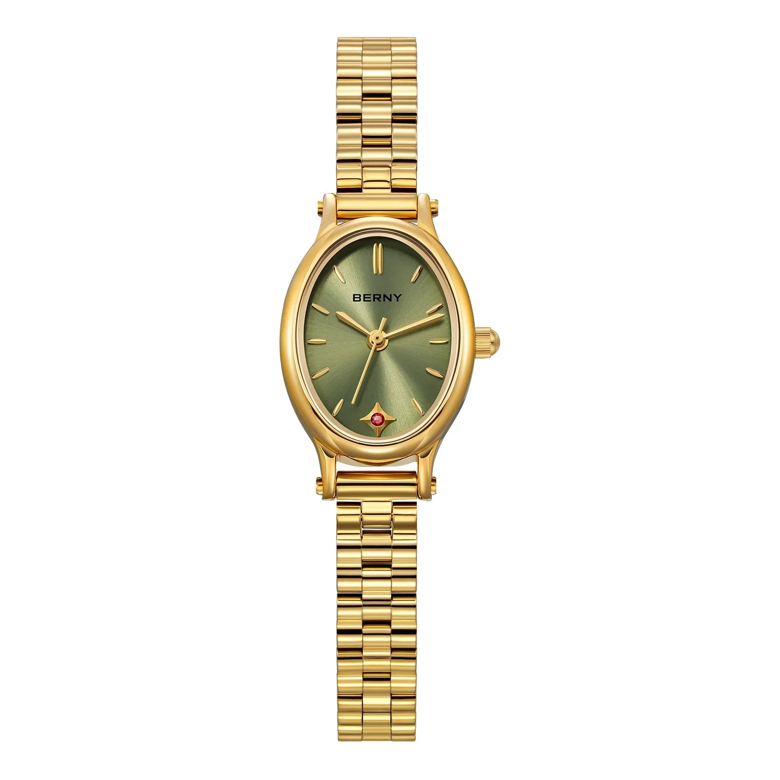 Jewelry Elegance! BERNY Gold Oval Quartz Watch for Women – Ruby Dotted Dial, Ultra-Thin, Butterfly Clasp, 30M Waterproof