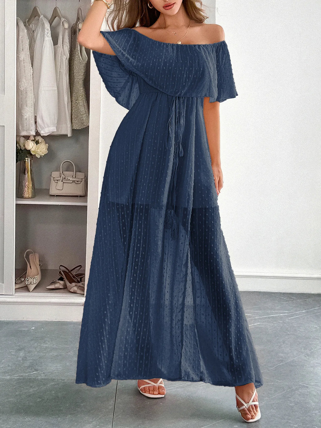 Effortlessly Chic! European A-Line Summer Dress – Elegant Slash Neck, Slim Fit, and Geometric Pattern