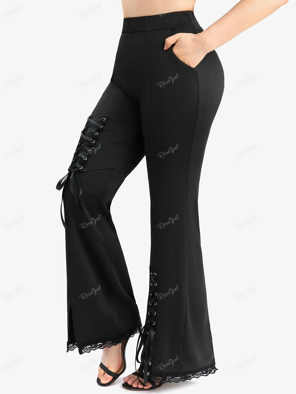Flattering Flare! ROSE GAL Plus Size High Stretch Split Pants – Lace Trim, Adjustable Lace-Up Detail, Perfect Comfort