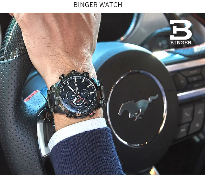 Genuine Luxury! BINGER Swiss Brand Automatic Mechanical Watch – Moon Phase, Luminous, Sapphire Crystal, 50M Waterproof