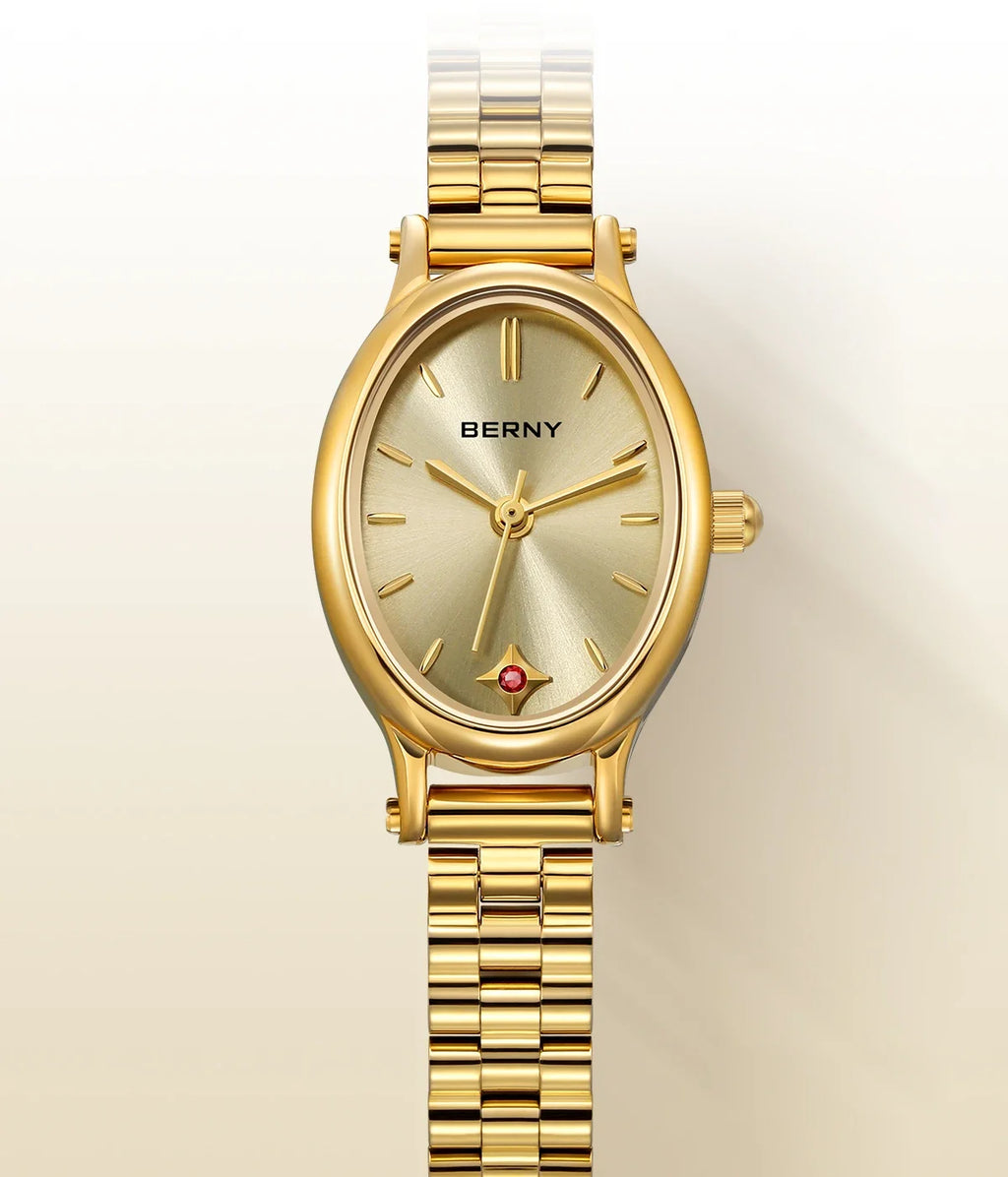 Jewelry Elegance! BERNY Gold Oval Quartz Watch for Women – Ruby Dotted Dial, Ultra-Thin, Butterfly Clasp, 30M Waterproof