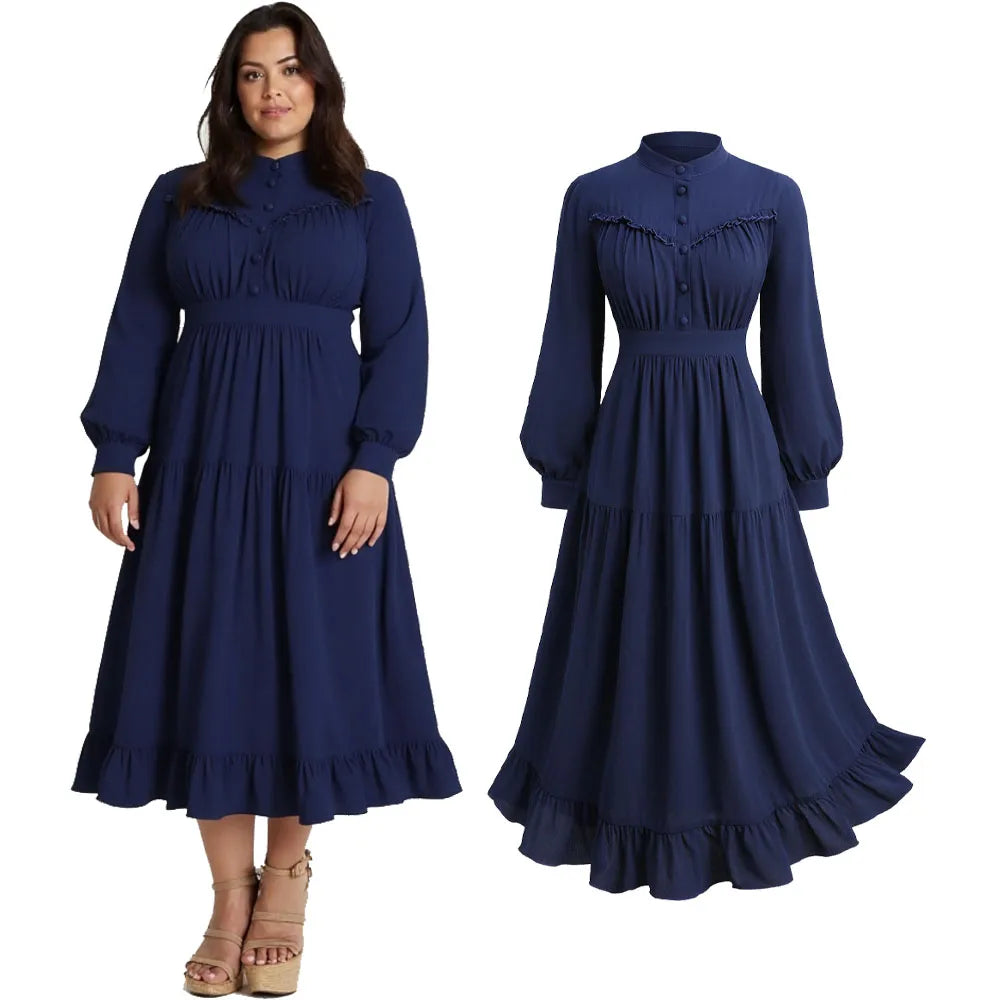 High Street Chic! ROSE GAL Plus Size A-Line Midi Dress – Autumn Elegance with Stand Collar and Button Detail