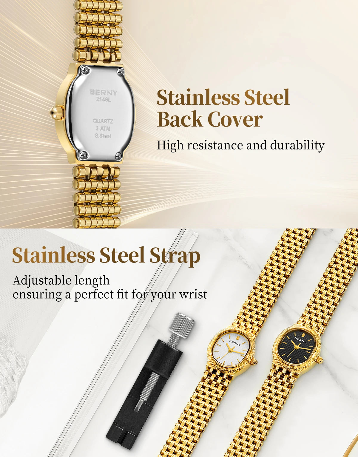 Slim Elegance! BERNY Oval Gold Quartz Ladies Watch – Swiss Movement, Ultra-Thin Case, Stainless Steel Bracelet, 30M Waterproof
