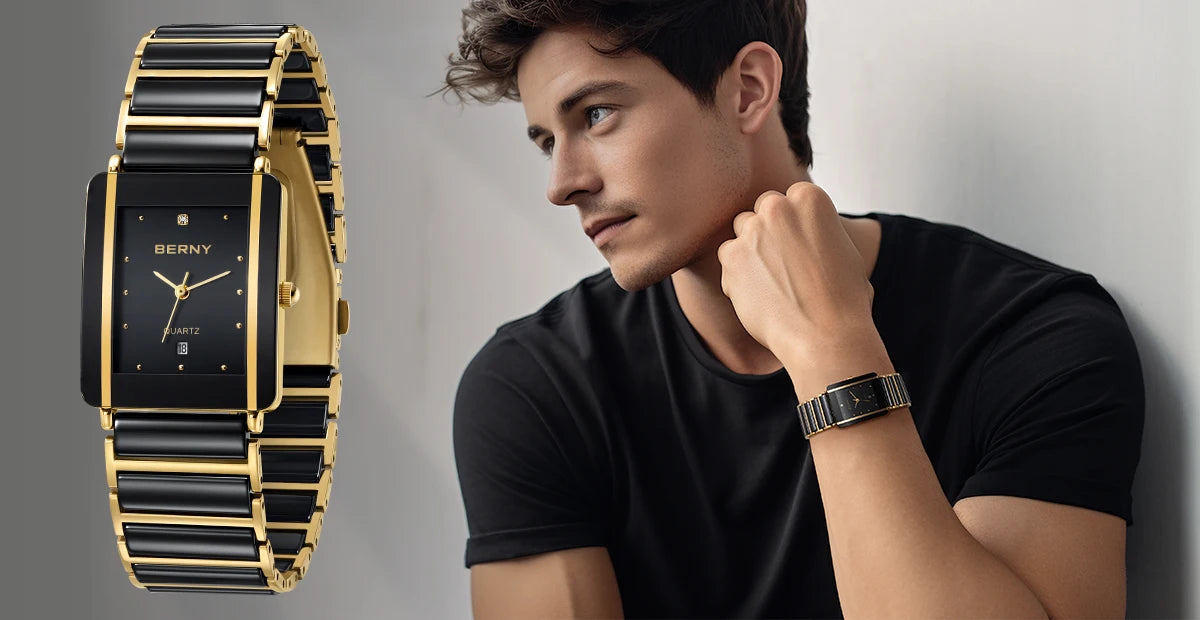 Couple's Luxury! BERNY Ceramic Quartz Rectangle Watch – Black Gold, Calendar, 30M Waterproof, Sapphire Coated Lens