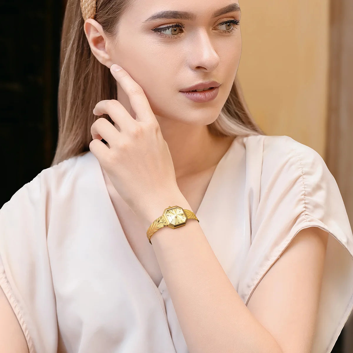 Luxury Small Watch! BERNY Gold Tone Octagonal Quartz Ladies Watch – Grit Dial, Stainless Steel, IP Gold Plated, Waterproof