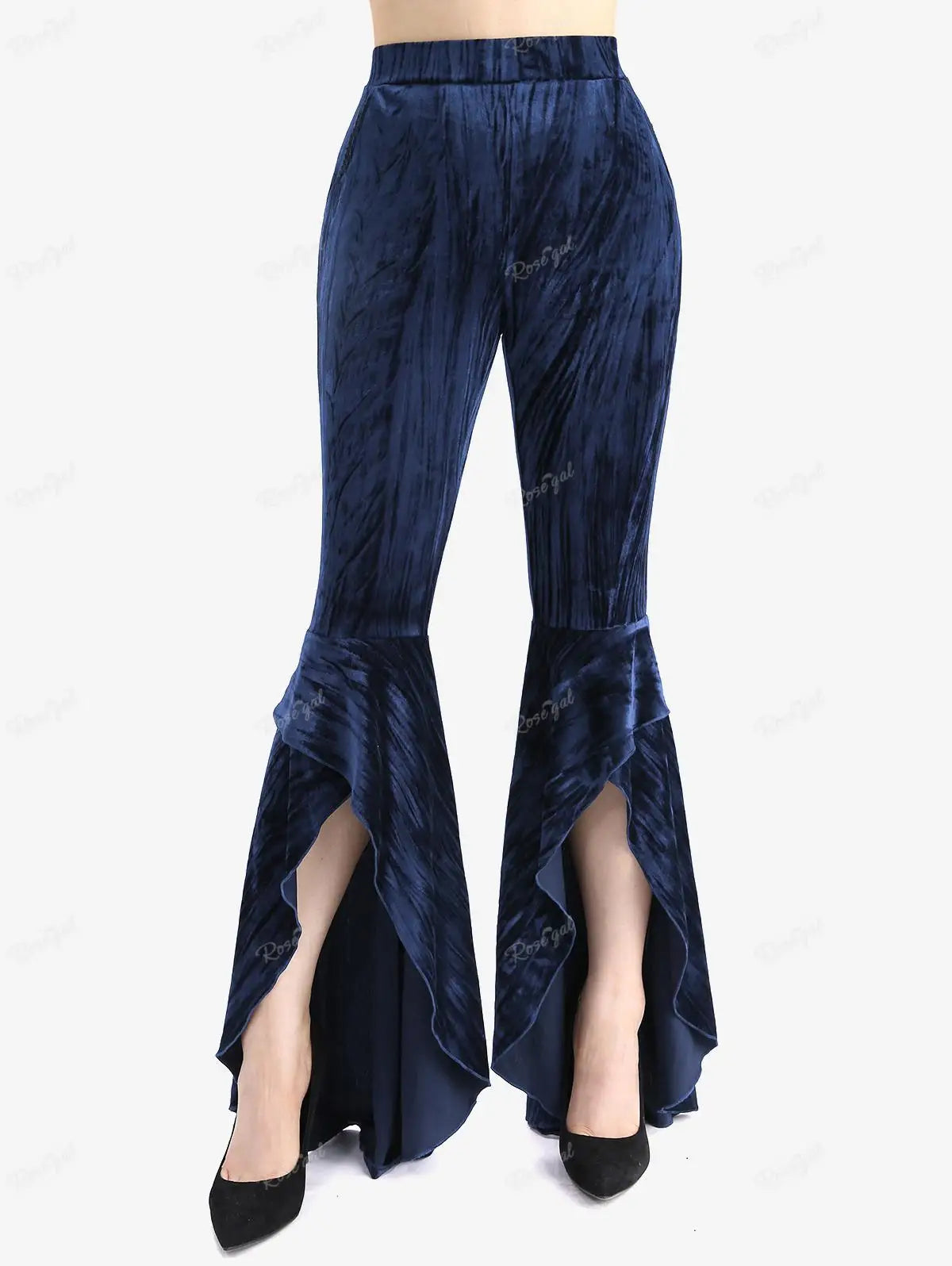 Y2K Revival! ROSE GAL Plus Size Asymmetric Velvet Flare Pants – High-Low Ruffles, Elastic Waist, Perfect for Night Out