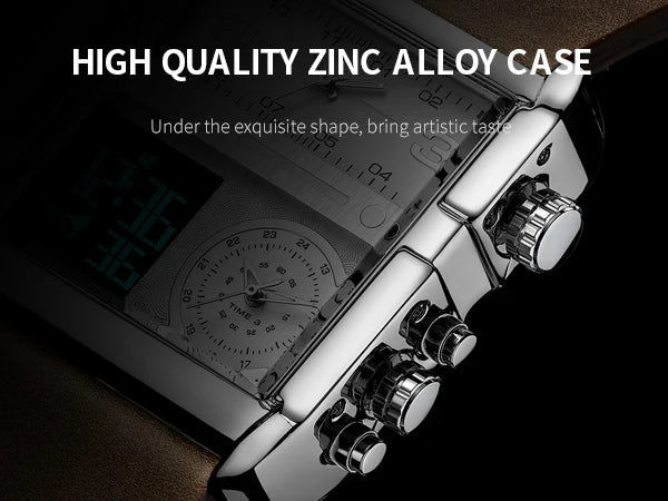 Statement Piece! FEICE FK030 Men's Big Square Dial Watch – Digital LED & Analog Display, Waterproof, Unique Leather Band