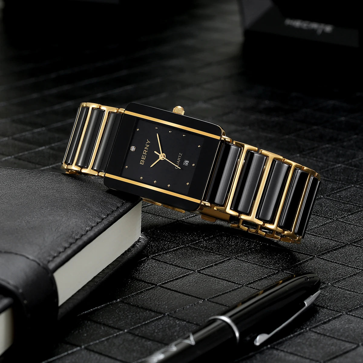 Couple's Luxury! BERNY Ceramic Quartz Rectangle Watch – Black Gold, Calendar, 30M Waterproof, Sapphire Coated Lens