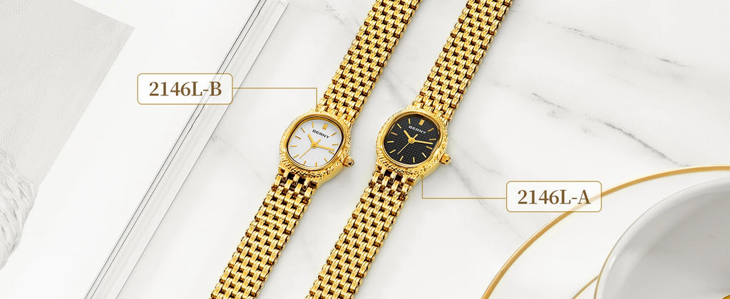 Slim Elegance! BERNY Oval Gold Quartz Ladies Watch – Swiss Movement, Ultra-Thin Case, Stainless Steel Bracelet, 30M Waterproof
