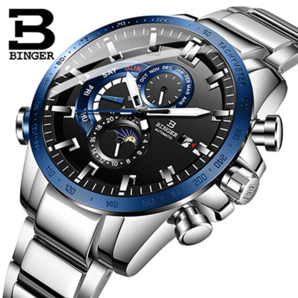 Genuine Luxury! BINGER Swiss Brand Automatic Mechanical Watch – Moon Phase, Luminous, Sapphire Crystal, 50M Waterproof