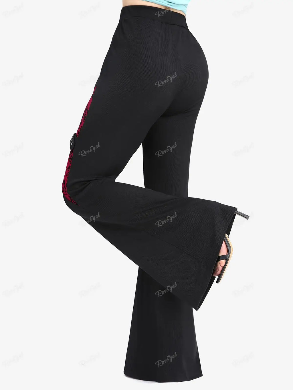 ROSEGAL Plus Size Women’s High-Stretch Casual Flare Pants with Floral Mesh Flocking and Buckle Grommet Details