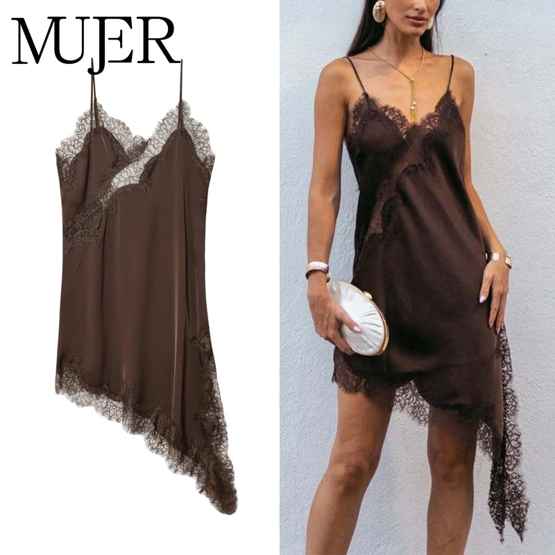 Satin Siren! MUJER Sexy Lace Slip Mini Dress – Backless, Asymmetric Hem, Perfect for Summer Parties & Beach Glamour