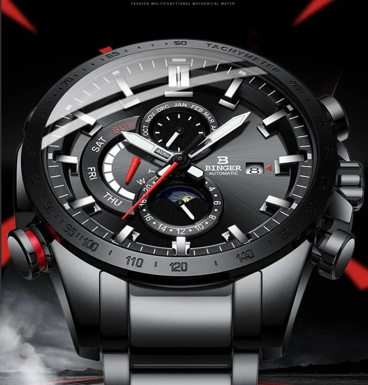 Genuine Luxury! BINGER Swiss Brand Automatic Mechanical Watch – Moon Phase, Luminous, Sapphire Crystal, 50M Waterproof
