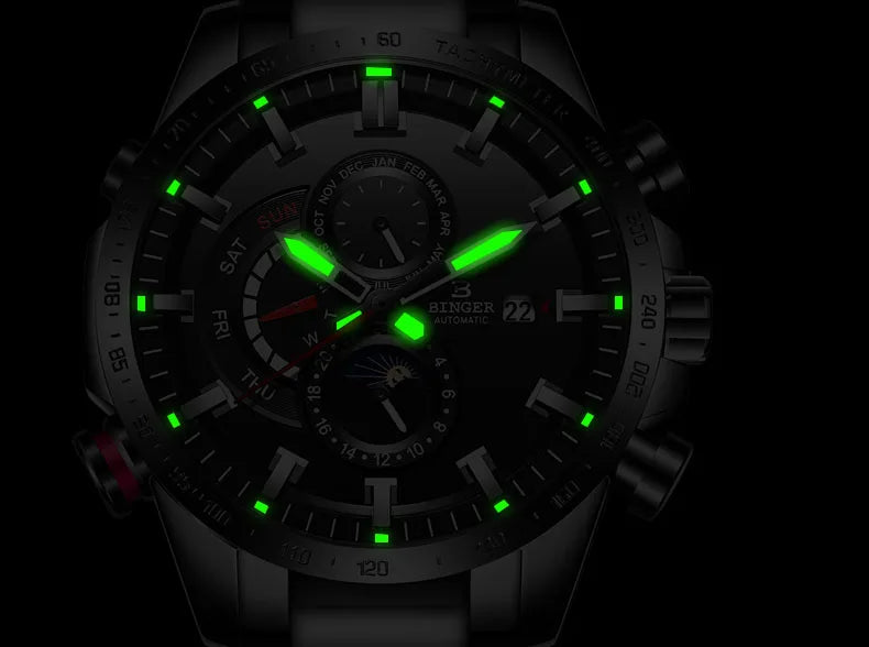 Genuine Luxury! BINGER Swiss Brand Automatic Mechanical Watch – Moon Phase, Luminous, Sapphire Crystal, 50M Waterproof