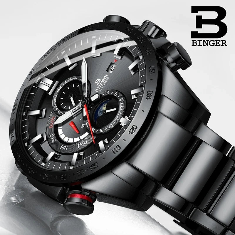 Genuine Luxury! BINGER Swiss Brand Automatic Mechanical Watch – Moon Phase, Luminous, Sapphire Crystal, 50M Waterproof
