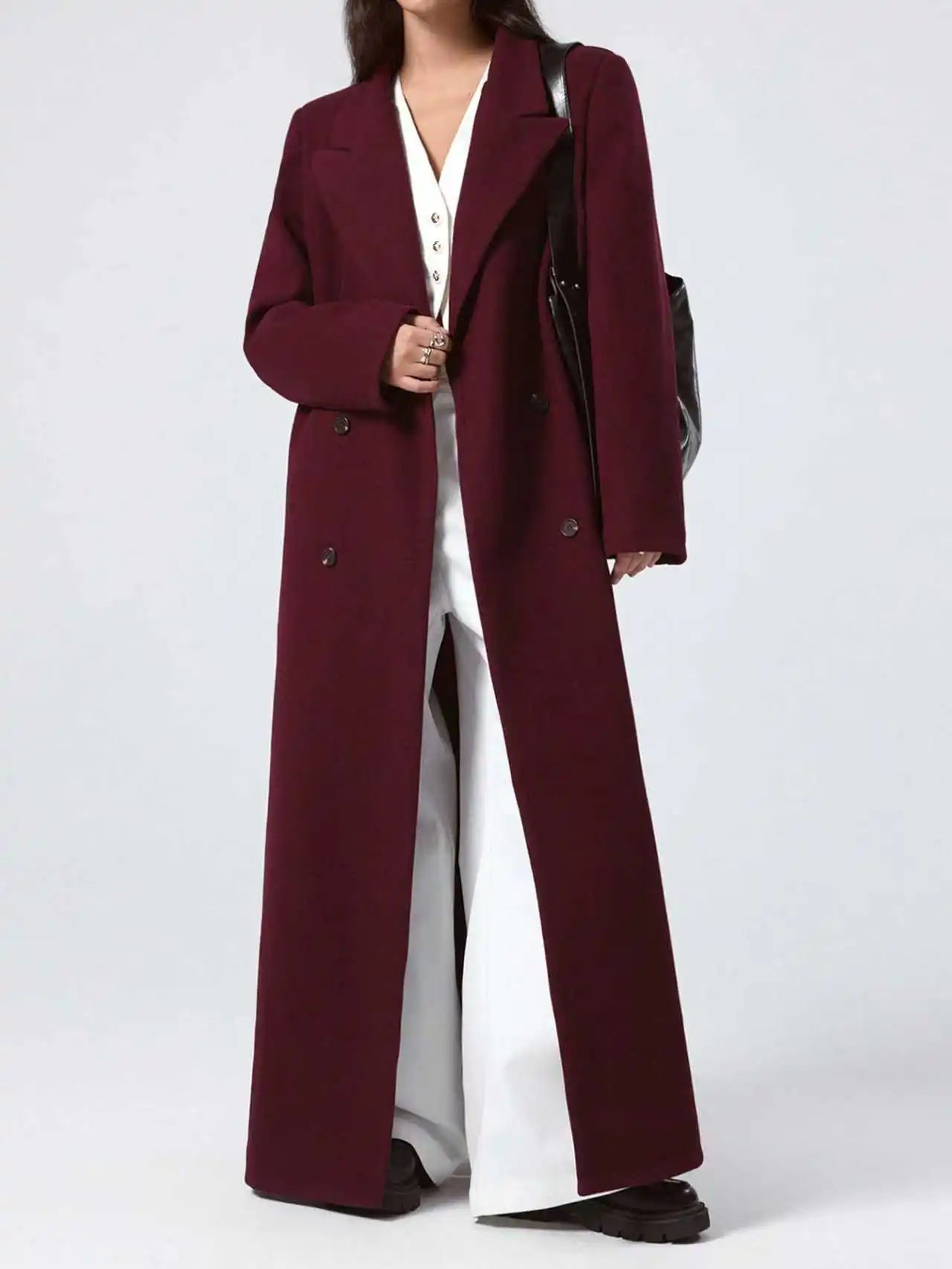 Wine-Red Women’s Slim-Fit Woolen Overcoat – Hepburn-Style Long Autumn Coat, Knee-Length, Double-Breasted Elegance