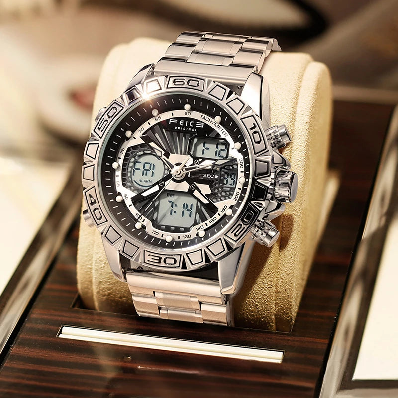 Original Retro Design! FEICE FK817 Dual Display Quartz Watch – Luminous, Waterproof, 8-Function Sport Chronograph