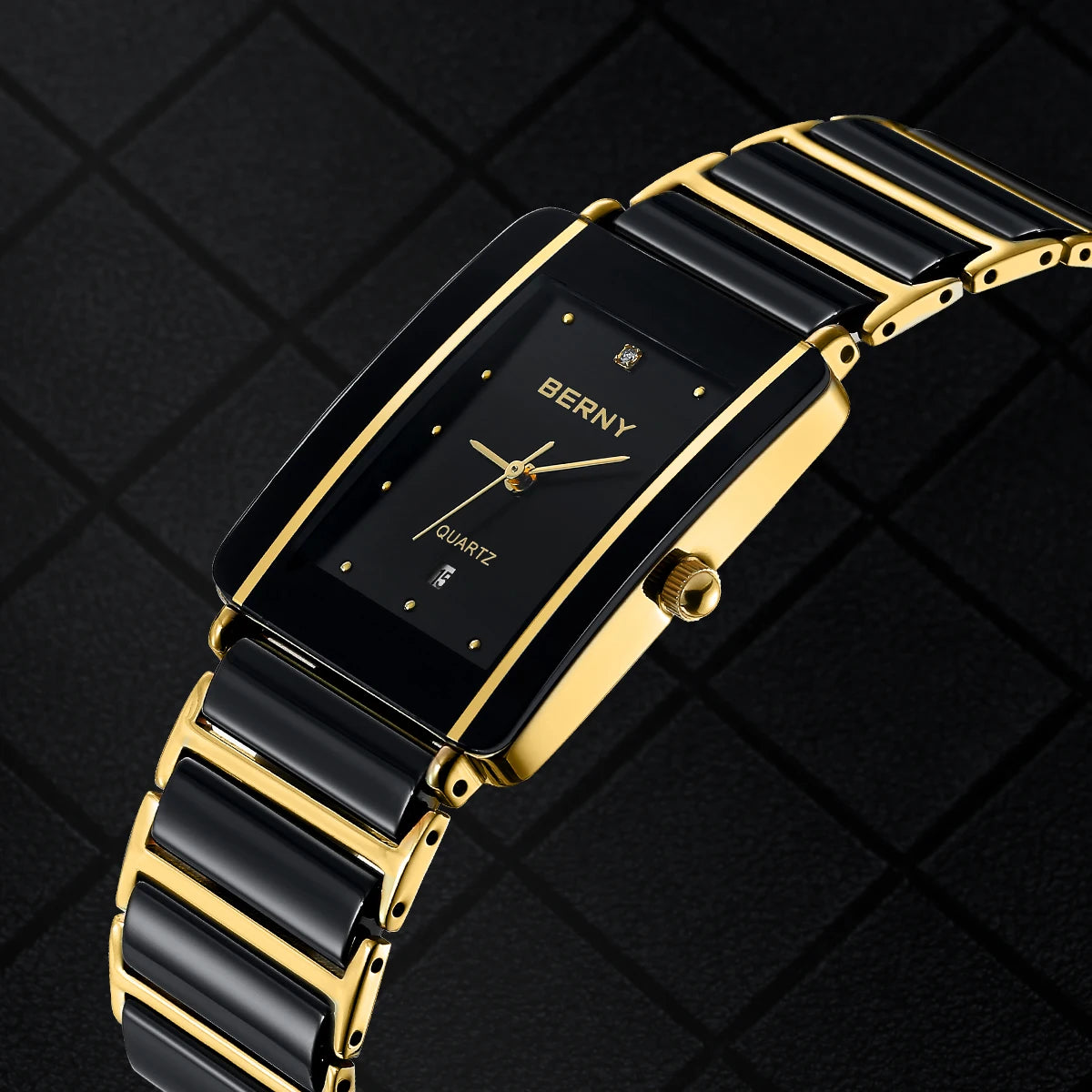 Couple's Luxury! BERNY Ceramic Quartz Rectangle Watch – Black Gold, Calendar, 30M Waterproof, Sapphire Coated Lens