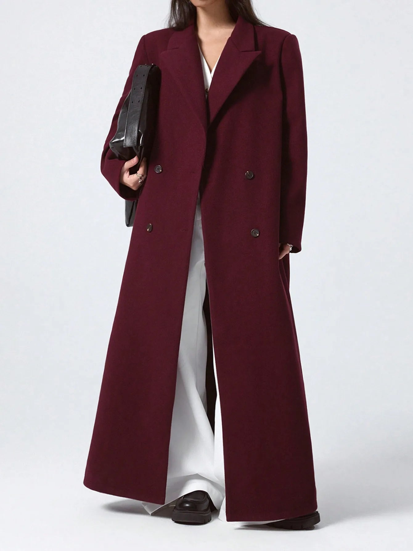Wine-Red Women’s Slim-Fit Woolen Overcoat – Hepburn-Style Long Autumn Coat, Knee-Length, Double-Breasted Elegance