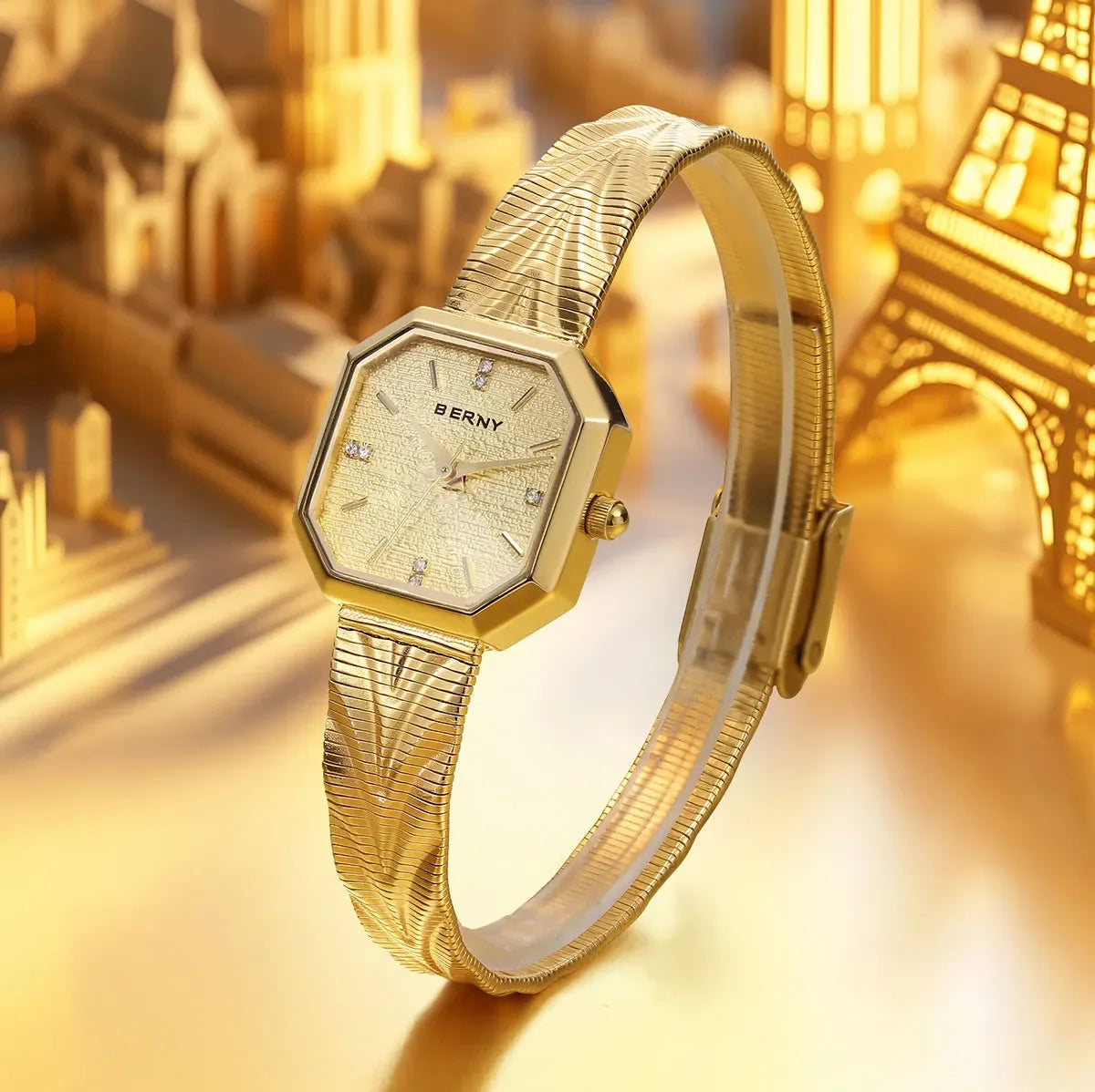 Luxury Small Watch! BERNY Gold Tone Octagonal Quartz Ladies Watch – Grit Dial, Stainless Steel, IP Gold Plated, Waterproof
