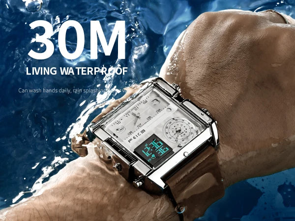 Statement Piece! FEICE FK030 Men's Big Square Dial Watch – Digital LED & Analog Display, Waterproof, Unique Leather Band