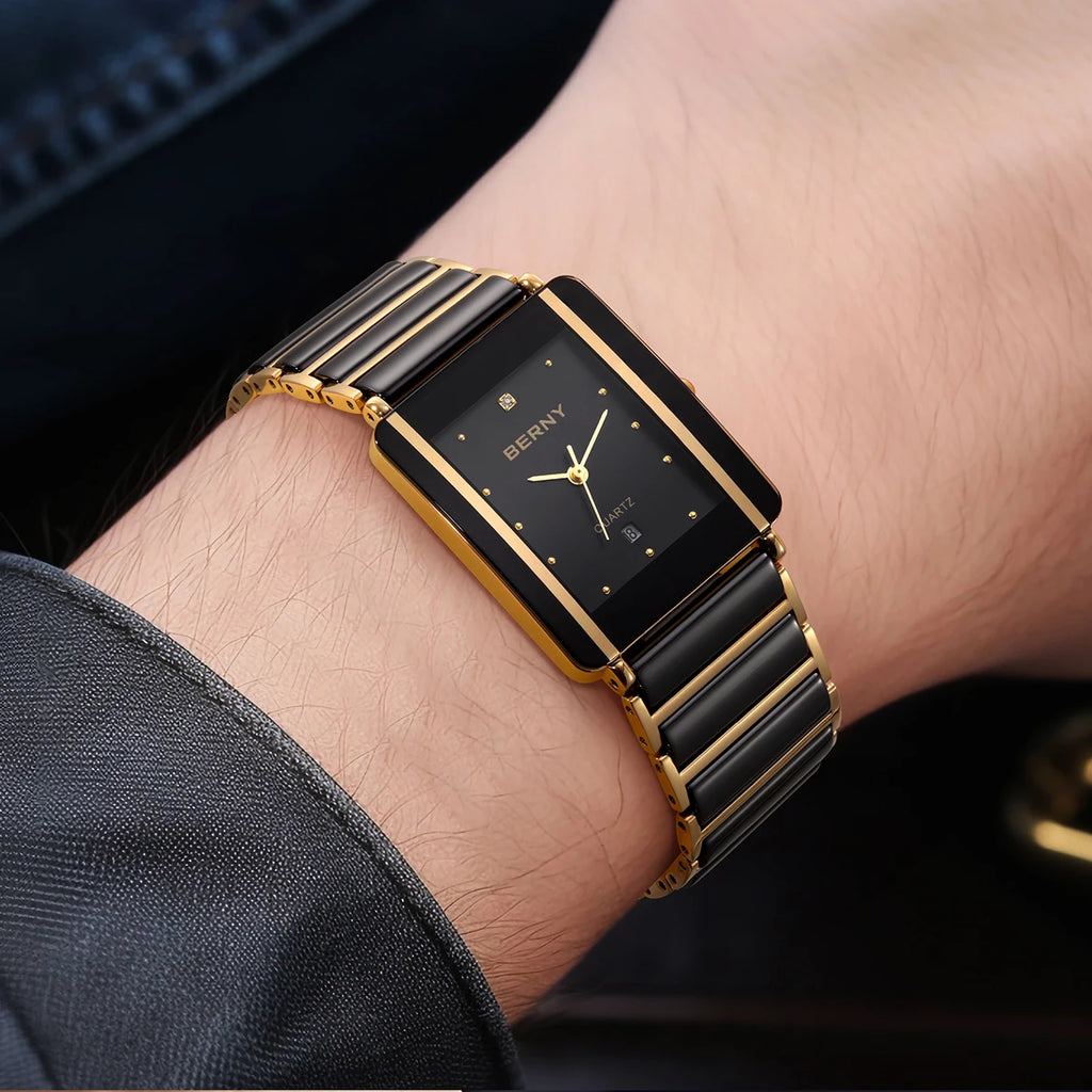 Couple's Luxury! BERNY Ceramic Quartz Rectangle Watch – Black Gold, Calendar, 30M Waterproof, Sapphire Coated Lens