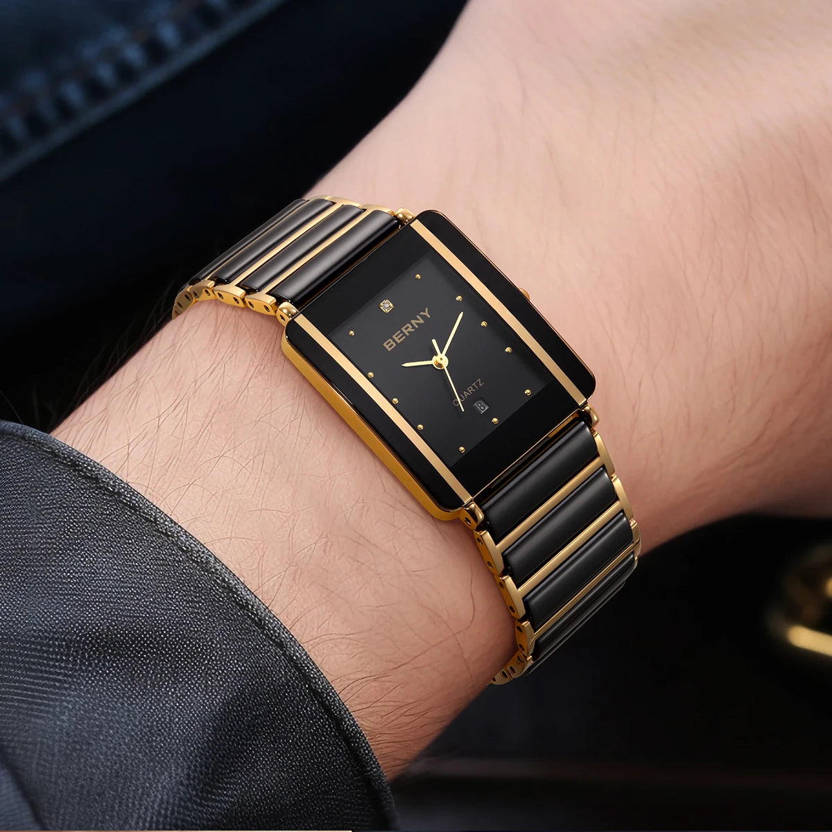 Couple's Luxury! BERNY Ceramic Quartz Rectangle Watch – Black Gold, Calendar, 30M Waterproof, Sapphire Coated Lens