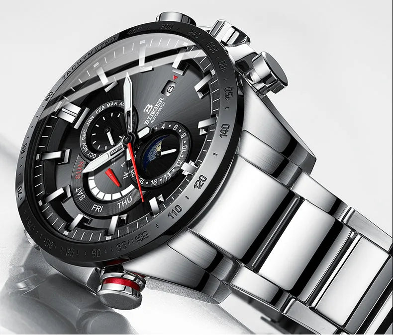 Genuine Luxury! BINGER Swiss Brand Automatic Mechanical Watch – Moon Phase, Luminous, Sapphire Crystal, 50M Waterproof