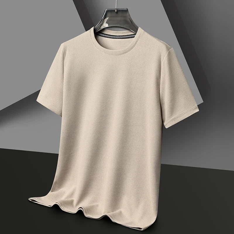 Texture & Comfort! New Summer Waffle Knit T-Shirt for Men – Breathable, Round Neck, Short Sleeve Casual Top