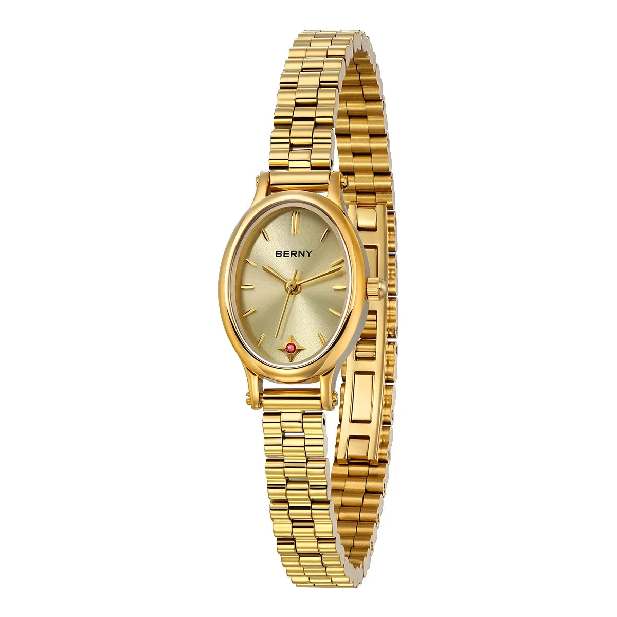 Jewelry Elegance! BERNY Gold Oval Quartz Watch for Women – Ruby Dotted Dial, Ultra-Thin, Butterfly Clasp, 30M Waterproof