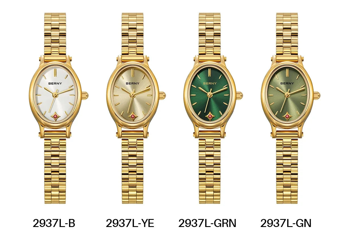 Jewelry Elegance! BERNY Gold Oval Quartz Watch for Women – Ruby Dotted Dial, Ultra-Thin, Butterfly Clasp, 30M Waterproof