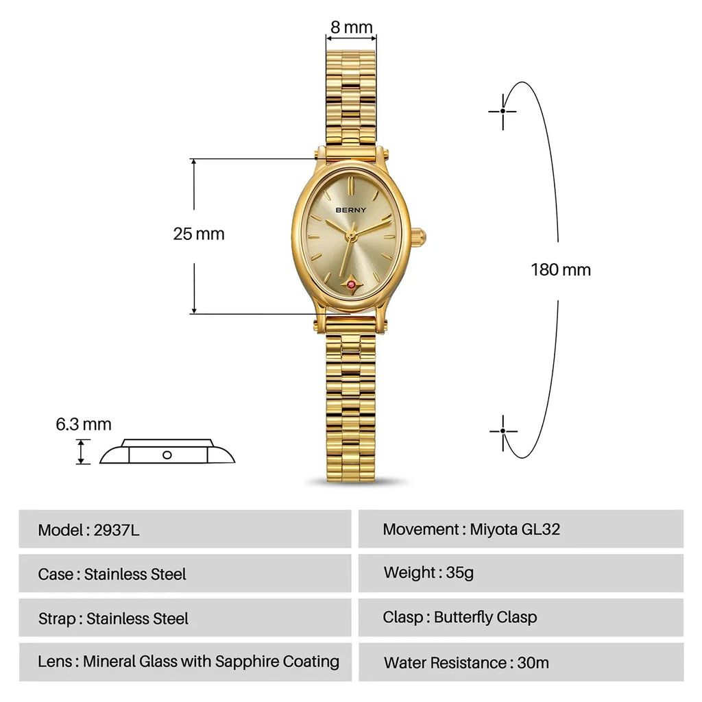 Jewelry Elegance! BERNY Gold Oval Quartz Watch for Women – Ruby Dotted Dial, Ultra-Thin, Butterfly Clasp, 30M Waterproof