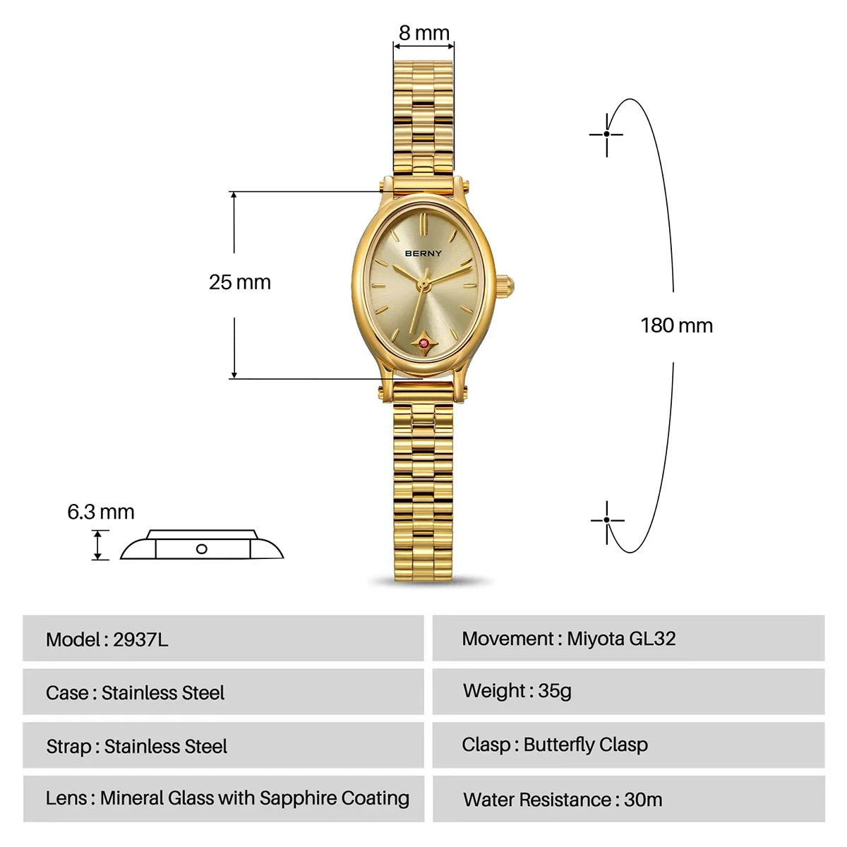 Jewelry Elegance! BERNY Gold Oval Quartz Watch for Women – Ruby Dotted Dial, Ultra-Thin, Butterfly Clasp, 30M Waterproof